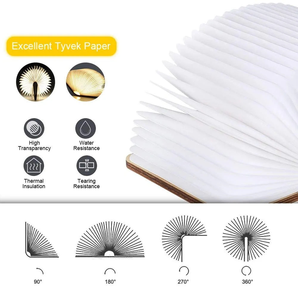 AmoorCity LED Book Night Light: خشبي، قابل لإعادة الشحن عبر USB، قابل للطي