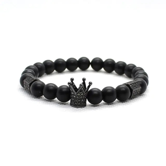 AmoorMen Black Bracelet, Cubic Zirconia, Crown, Black Stone Bracelets. Men's black bracelet with cubic zirconia stones and a crown design. Sophisticated and bold accessory for everyday wear or special occasions.
