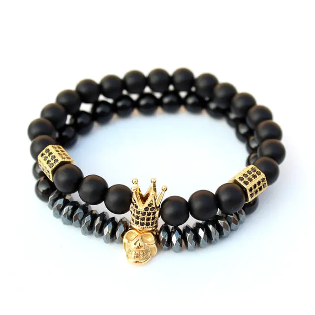 AmoorMen Black Bracelet, Cubic Zirconia, Crown, Black Stone Bracelets. Men's black bracelet with cubic zirconia stones and a crown design. Sophisticated and bold accessory for everyday wear or special occasions.