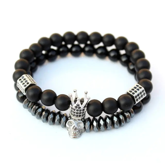 AmoorMen Black Bracelet, Cubic Zirconia, Crown, Black Stone Bracelets. Men's black bracelet with cubic zirconia stones and a crown design. Sophisticated and bold accessory for everyday wear or special occasions.