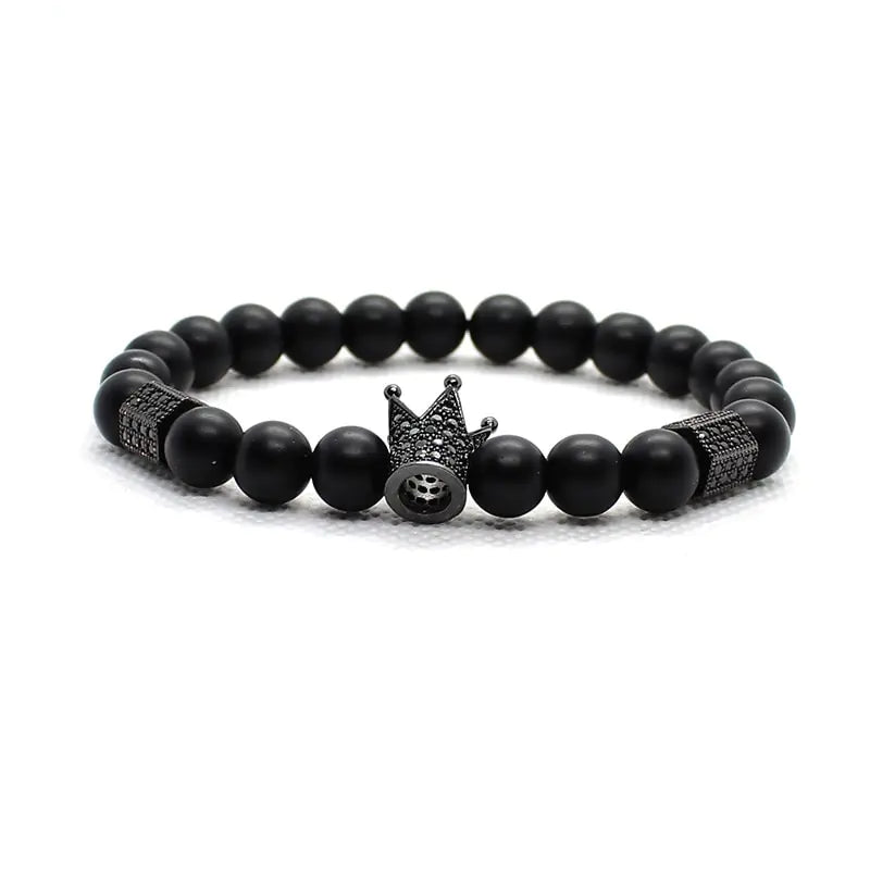 AmoorMen Black Bracelet, Cubic Zirconia, Crown, Black Stone Bracelets. Men's black bracelet with cubic zirconia stones and a crown design. Sophisticated and bold accessory for everyday wear or special occasions.