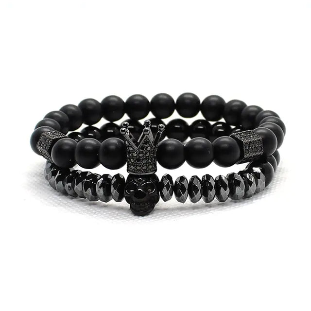 AmoorMen Black Bracelet, Cubic Zirconia, Crown, Black Stone Bracelets. Men's black bracelet with cubic zirconia stones and a crown design. Sophisticated and bold accessory for everyday wear or special occasions.