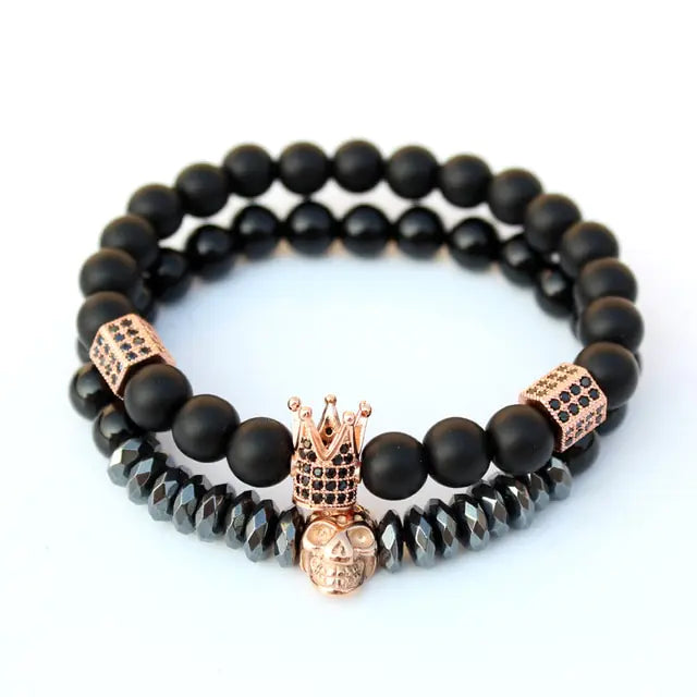 AmoorMen Black Bracelet, Cubic Zirconia, Crown, Black Stone Bracelets. Men's black bracelet with cubic zirconia stones and a crown design. Sophisticated and bold accessory for everyday wear or special occasions.