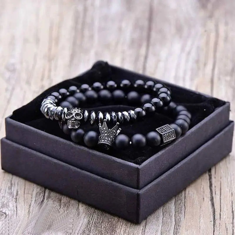 AmoorMen Black Bracelet, Cubic Zirconia, Crown, Black Stone Bracelets. Men's black bracelet with cubic zirconia stones and a crown design. Sophisticated and bold accessory for everyday wear or special occasions.