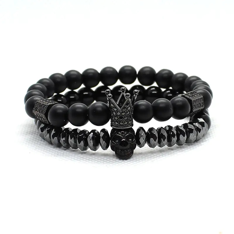 AmoorMen Black Bracelet, Cubic Zirconia, Crown, Black Stone Bracelets. Men's black bracelet with cubic zirconia stones and a crown design. Sophisticated and bold accessory for everyday wear or special occasions.