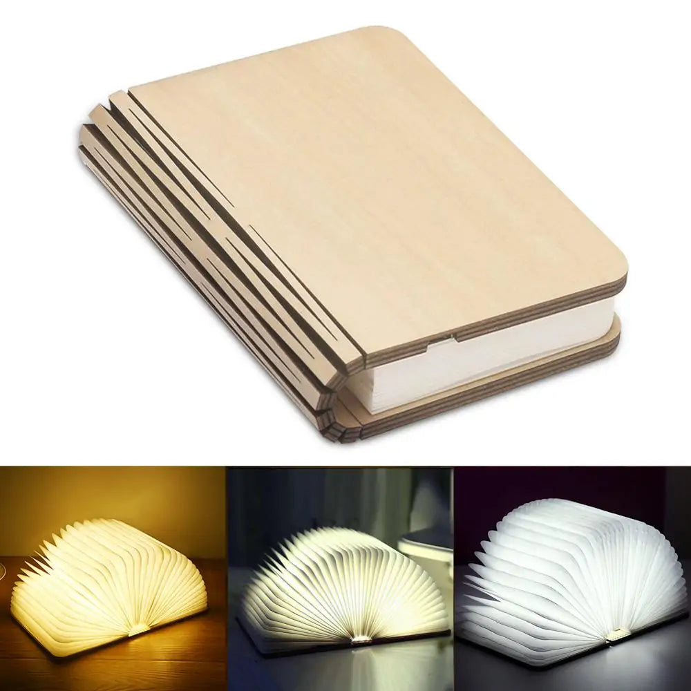 AmoorCity LED Book Night Light: خشبي، قابل لإعادة الشحن عبر USB، قابل للطي