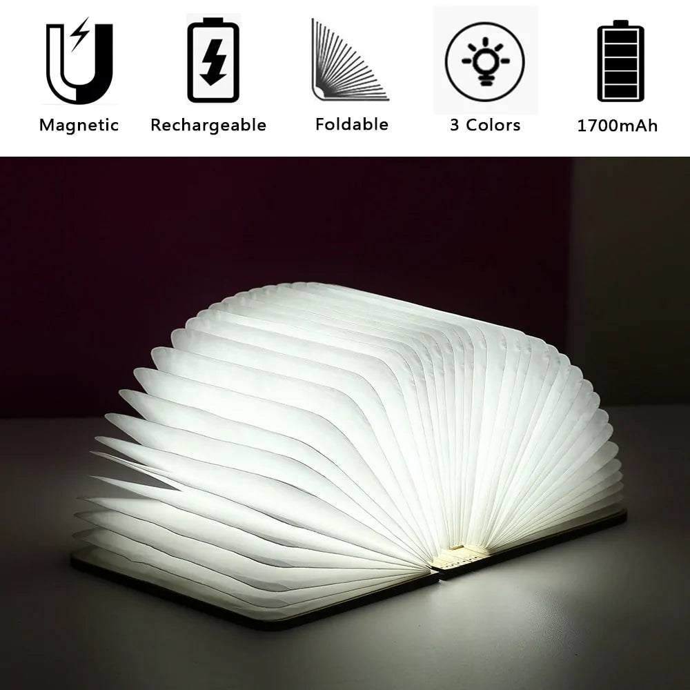 AmoorCity LED Book Night Light: خشبي، قابل لإعادة الشحن عبر USB، قابل للطي